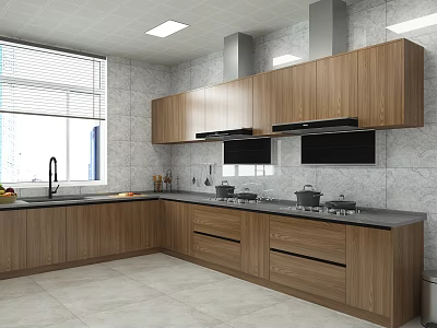 Modern Kitchen Interior With Wooden Cabinets Gray Countertops Window And Appliances 3d model