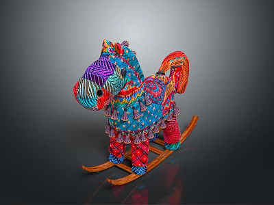 Colorful Woven Rocking Horse With Vibrant Tassels And Wooden Rocker Design 3d model