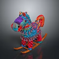 Colorful Woven Rocking Horse With Vibrant Tassels And Wooden Rocker Design
