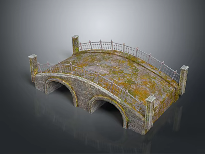 Classical Stone Bridge Structure With Three Arched Openings And Ornate Iron Railing 3d model