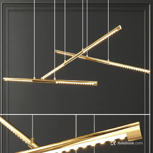 Modern Gold Linear Pendant Light Design With Hanging Geometric Structure And LED Lamps 3d model 