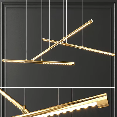 Modern Gold Linear Pendant Light Design With Hanging Geometric Structure And LED Lamps 3d model