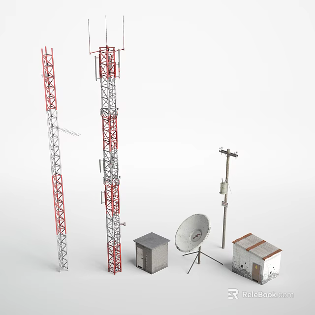 Industrial Equipment Collection Featuring Communication Towers Satellite Dish and Small Shelters 3d model 