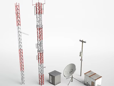Industrial Equipment Collection Featuring Communication Towers Satellite Dish and Small Shelters 3d model