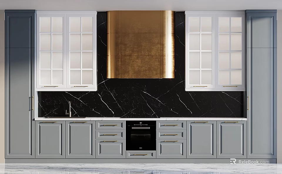 Modern Kitchen With Gray Cabinets White Upper Glass Doors And Gold Range Hood 3d model 