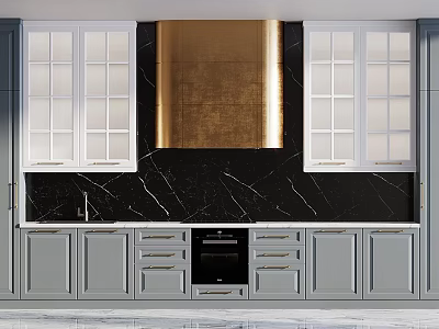 Modern Kitchen With Gray Cabinets White Upper Glass Doors And Gold Range Hood 3d model