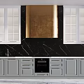 Modern Kitchen With Gray Cabinets White Upper Glass Doors And Gold Range Hood
