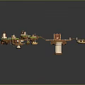 Wooden Platform Scene Components With Green Plants And Small Houses