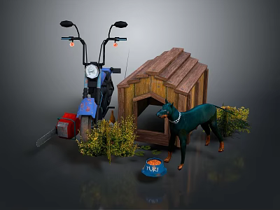 Outdoor Yard Items With Blue Motorcycle Wooden Dog House Green Dog Chainsaw Bowl And Plants 3d model