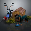 Outdoor Yard Items With Blue Motorcycle Wooden Dog House Green Dog Chainsaw Bowl And Plants