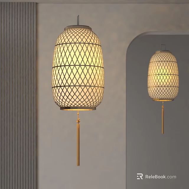 Bamboo Grid Design Floor Lantern With Golden Stand For Indoor Decor Gray Wall Mirror Reflection 3d model 