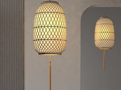 Bamboo Grid Design Floor Lantern With Golden Stand For Indoor Decor Gray Wall Mirror Reflection 3d model