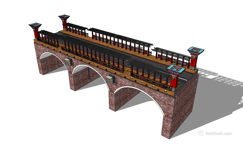 Traditional Stone Landscape Bridge With Arch Design Covered Walkway And Red Decorations 3d model 