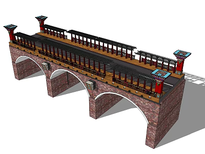 Traditional Stone Landscape Bridge With Arch Design Covered Walkway And Red Decorations 3d model