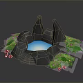Modern Landscape With Black Rocks Blue Glowing Pool Green Plants And Red Mushrooms