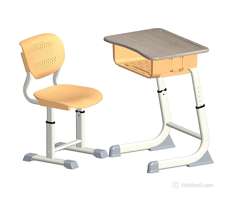 Adjustable Student Desk With Gray Top Perforated Yellow Chair And White Frame 3d model 