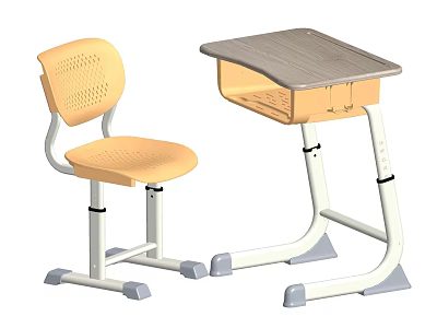 Adjustable Student Desk With Gray Top Perforated Yellow Chair And White Frame 3d model