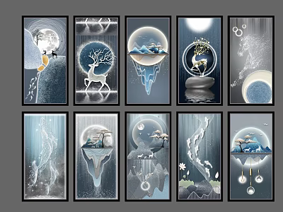 Modern Artistic Wall Hangings Featuring Moon Deer Mountain And Water Droplets 3d model
