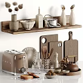 Essential Kitchen Cooking Utensils With Wooden Shelf Toaster Chopping Boards Bowls And Teapot