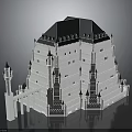 White Castle Inspired Building Featuring Black Roof Turrets Arches And Multi Layer Design