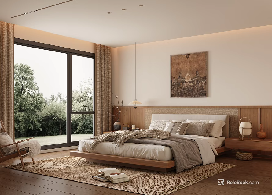 Serene Bedroom Interior With Wooden Bed Woven Rug Large Window And Abstract Painting 3d model 