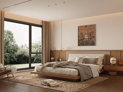 Serene Bedroom Interior With Wooden Bed Woven Rug Large Window And Abstract Painting 3d model