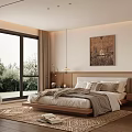 Serene Bedroom Interior With Wooden Bed Woven Rug Large Window And Abstract Painting