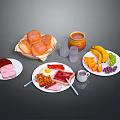 Assorted Breakfast Food Platter With Bread Ham Eggs Banana And Jam