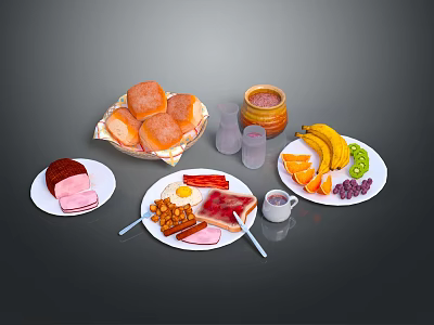 Assorted Breakfast Food Platter With Bread Ham Eggs Banana And Jam 3d model