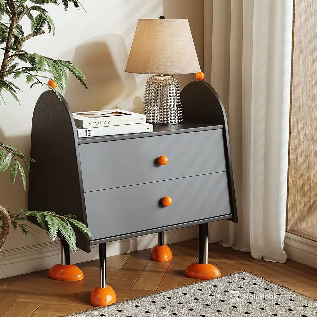 Modern Gray Bedside Table With Two Drawers Orange Round Knobs Lamp And Green Plant 3d model 