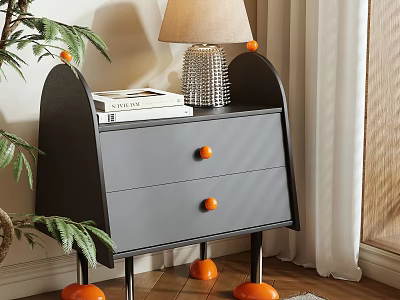 Modern Gray Bedside Table With Two Drawers Orange Round Knobs Lamp And Green Plant 3d model