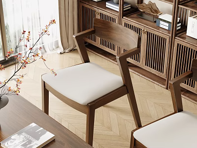 Wooden Bookshelf Chair Interior Featuring White Cushion Herringbone Floor And Books 3d model