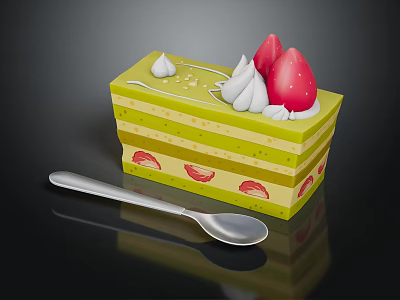 Delicious Green Layered Cake Topped With Fresh Strawberries Whipped Cream And Silver Spoon 3d model