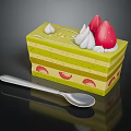 Delicious Green Layered Cake Topped With Fresh Strawberries Whipped Cream And Silver Spoon