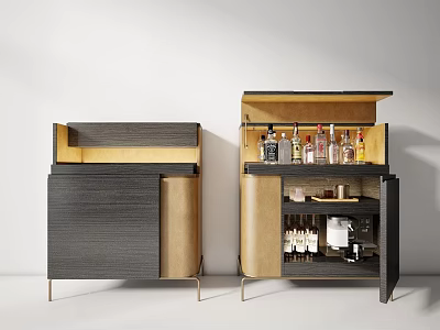 Contemporary Sideboard Cabinet With Dark Light Wood Finish Metal Legs And Open Storage Shelves 3d model