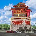 Ancient Chinese Architecture Traditional Tower with Red Roof Overhanging Eaves and Carved Base