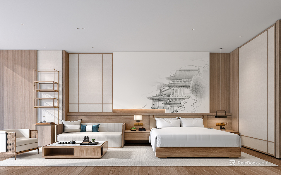 Serene Chinese Style Hotel Room With Wooden Furniture And Traditional Painting 3d model 
