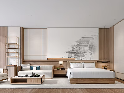 Serene Chinese Style Hotel Room With Wooden Furniture And Traditional Painting 3d model