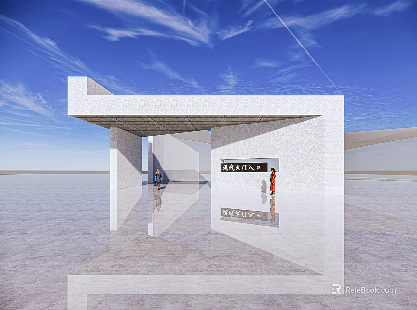 Modern Entrance Gate With White Architectural Canopy Sleek Floor KALINA Sign And Blue Sky Background 3d model 