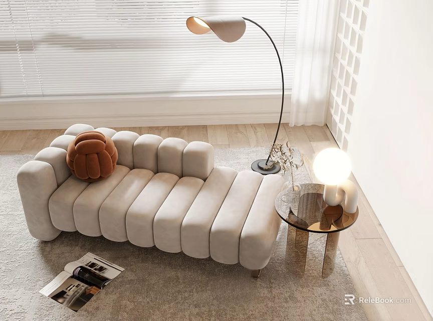 Beige Velvet Chaise Lounge With Floor Lamp Side Table And Magazine 3d model 