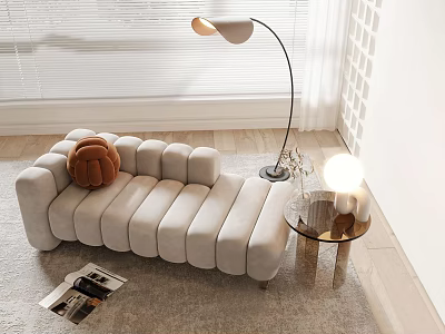 Beige Velvet Chaise Lounge With Floor Lamp Side Table And Magazine 3d model