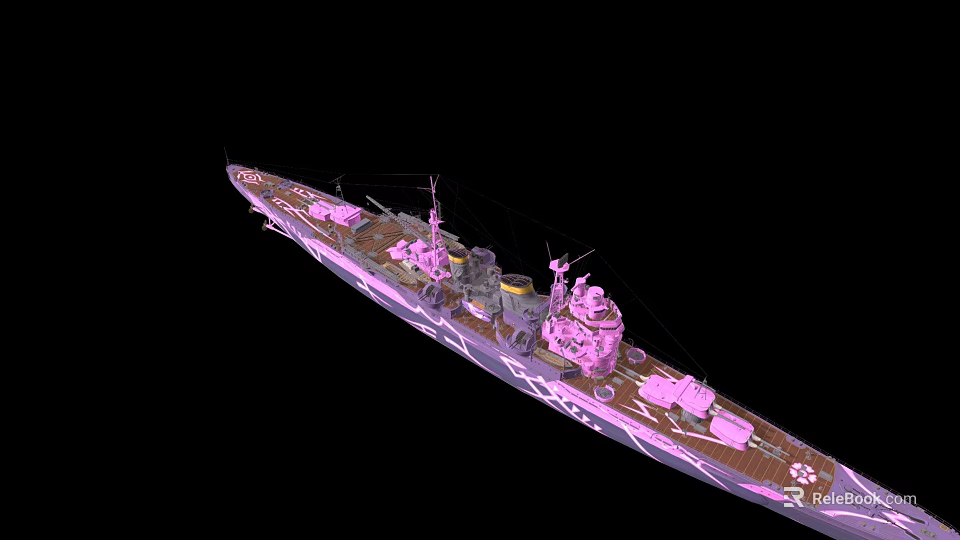 3D Rendered Warship Model In Pink Purple Color With Deck Structures Turrets On Black Background 3d model 