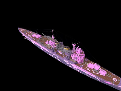 3D Rendered Warship Model In Pink Purple Color With Deck Structures Turrets On Black Background 3d model