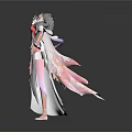 Elegant Female Character Long Dress With Flowing Pink Purple Ribbons And Decorative Design