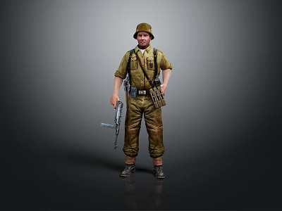 Military Soldier In Green Uniform With Hat Holding Rifle And Equipment Belt 3d model