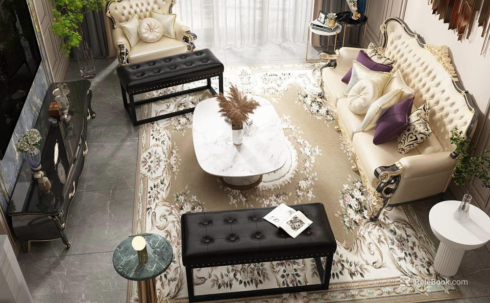 Elegant Tufted Beige Sofa With Marble Coffee Table And Area Rug In Living Room 3d model 
