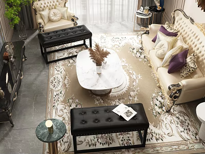Elegant Tufted Beige Sofa With Marble Coffee Table And Area Rug In Living Room 3d model