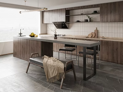 Modern Kitchen Dining Table Set With Island Counter Stools And Wooden Bench 3d model