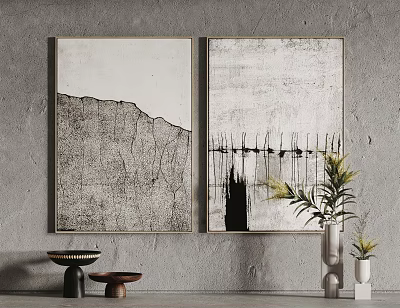 Gray Wall Interior With Two Black And White Abstract Paintings Decorative Vase And Green Plant 3d model
