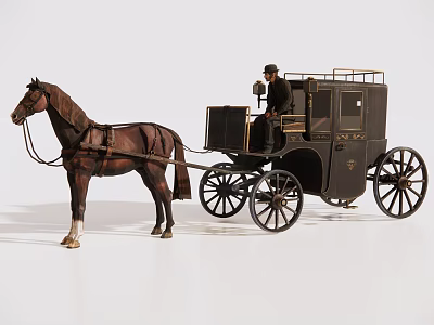 Black Horse-Drawn Carriage with Brown Horse Carrying Person in Dark Outfit Hat and Four Wheels 3d model